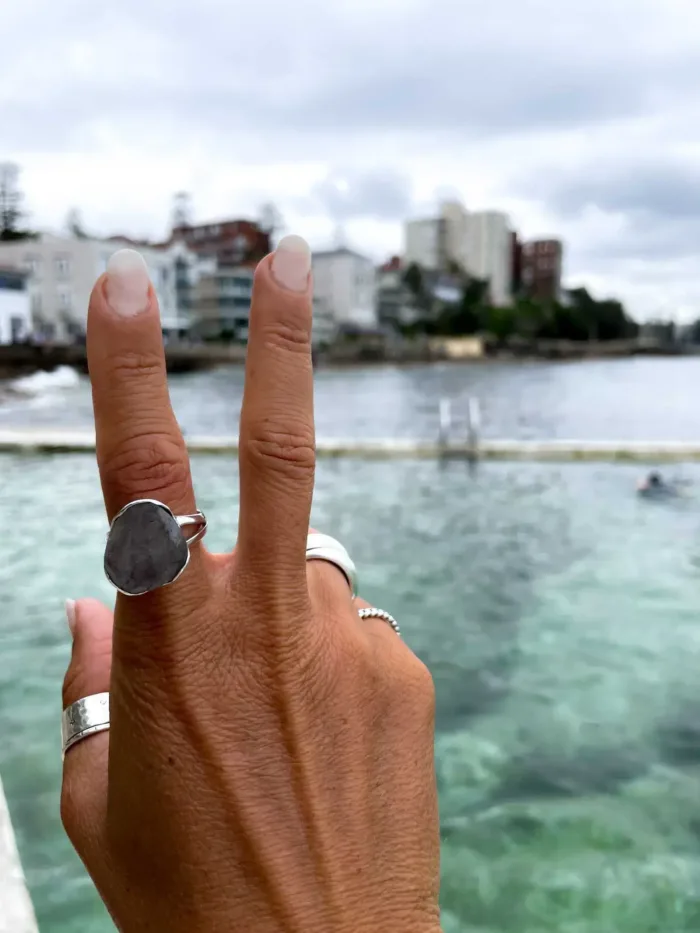 black rutilated quartz sterling silver ring. Cocktail style ring - water safe