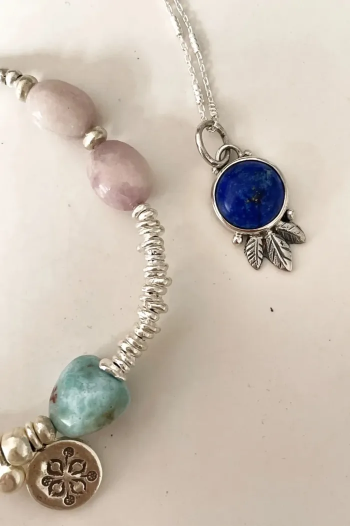 sterling silver bracelet made for summer. Larimar and kunzite gemstone - ocean safe - wear everyday