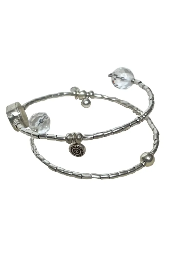 memory wire double wrap bracelet with pure silver and crystal quartz gemstone. Customisable charm pendant