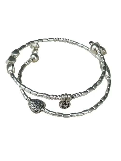 memory wire double wrap bracelet with pure silver and silver heart charms. Customisable charm pendant