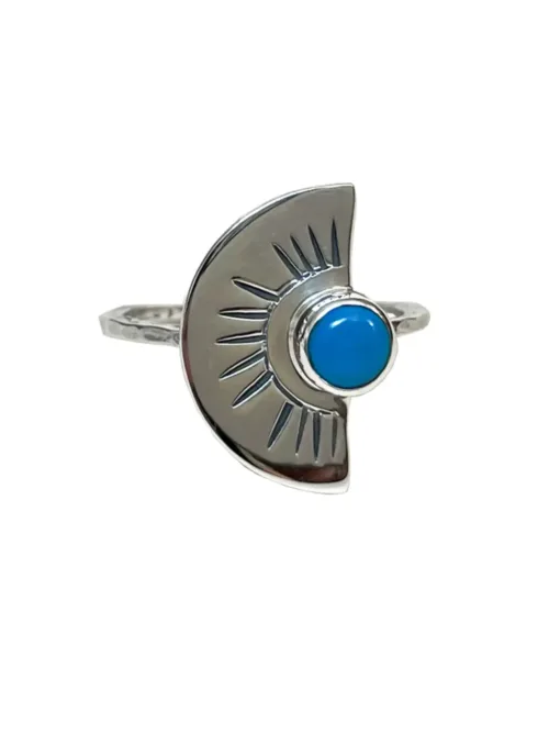 sterling silver crescent ring with turquoise stone. Ocean safe and perfect for a ring stack