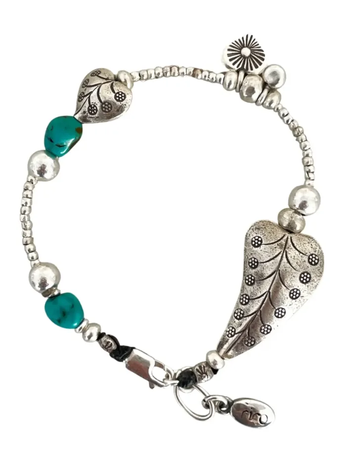 women silver jewellery. sterling silver bracelet made for stacking - 2 hearts - turquoise gemstones. Water safe for everyday wear. A great option for a bracelet stack