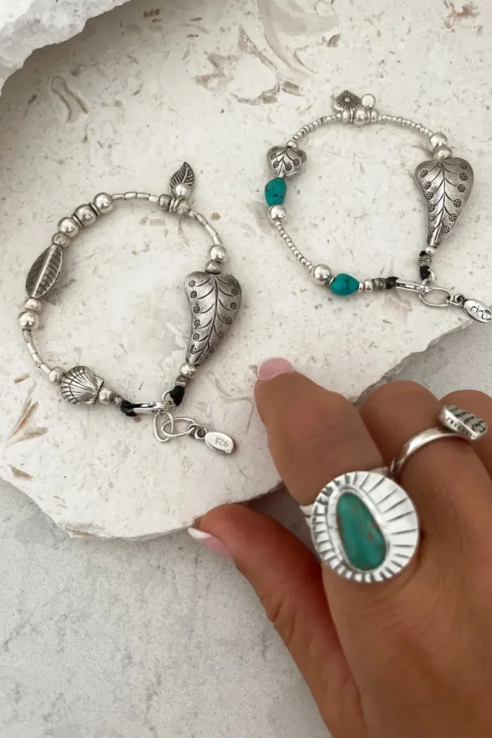 women silver jewellery. sterling silver bracelet made for stacking - 2 hearts - turquoise gemstones. Water safe for everyday wear. A great option for a bracelet stack