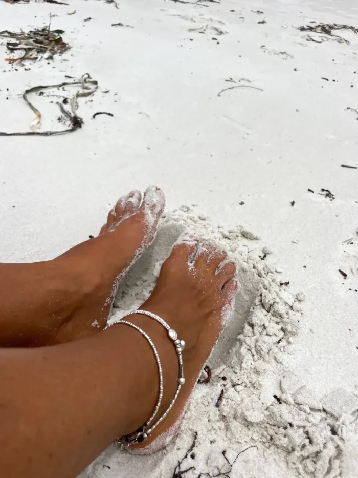 multi strand pure silver anklet. Ocean inspired with silver shell beads. The perfect beach jewellery. Staple, everyday jewellery. Ocean safe.