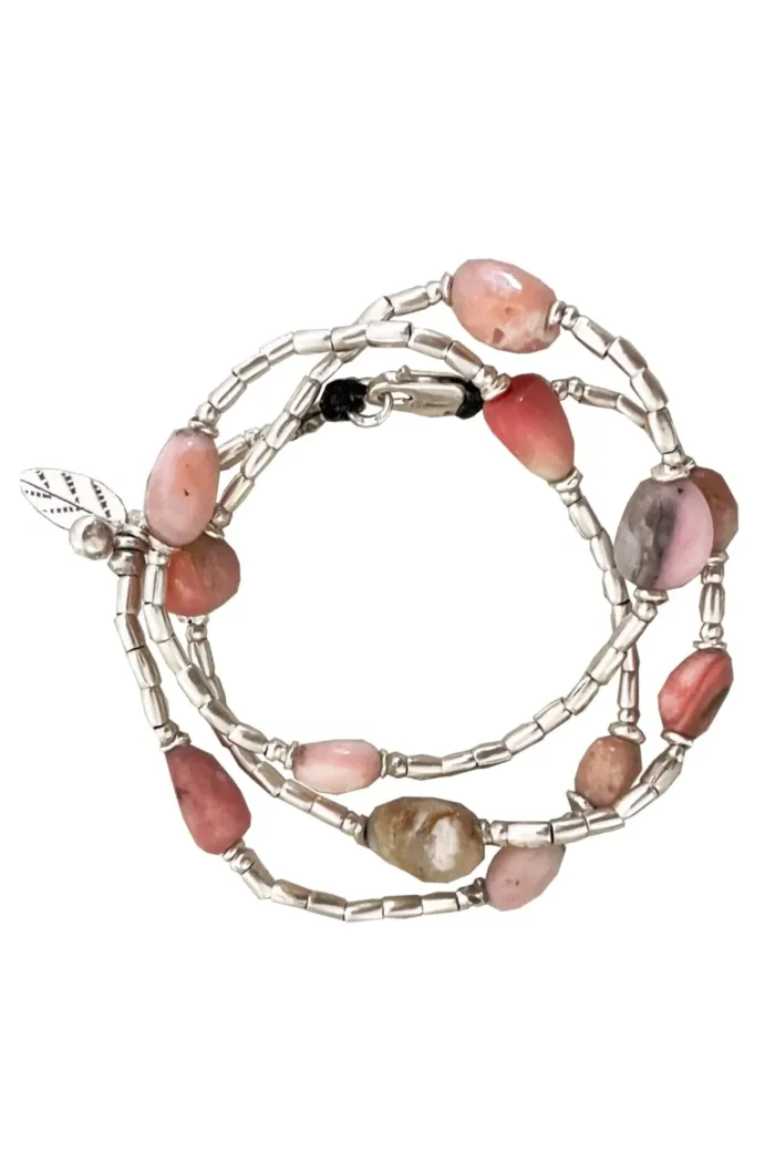 pink opal pure silver triple wrap bracelet - 3 styles in 1 bracelet, anklet, necklace. water safe