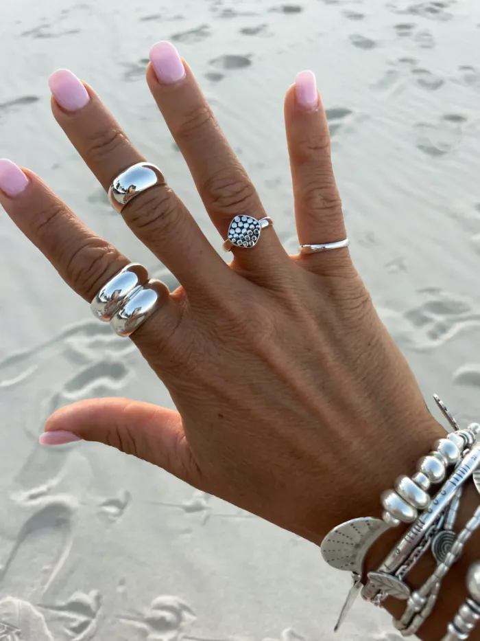 chunky sterling silver bracelet perfect styled in a bracelet stack. stretch elastic for easy slip on. ocean safe