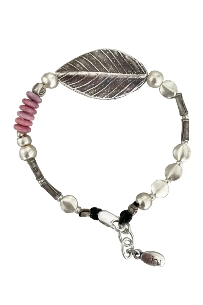pure silver bracelet with large leaf centre. and pop of colour for your summer bracelet stack. ocean safe silver jewelry