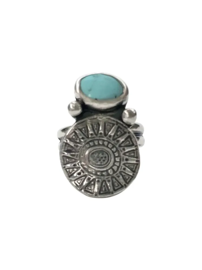 tribal silver round disc with small blue turquoise handmade sterling silver ring ocean safe