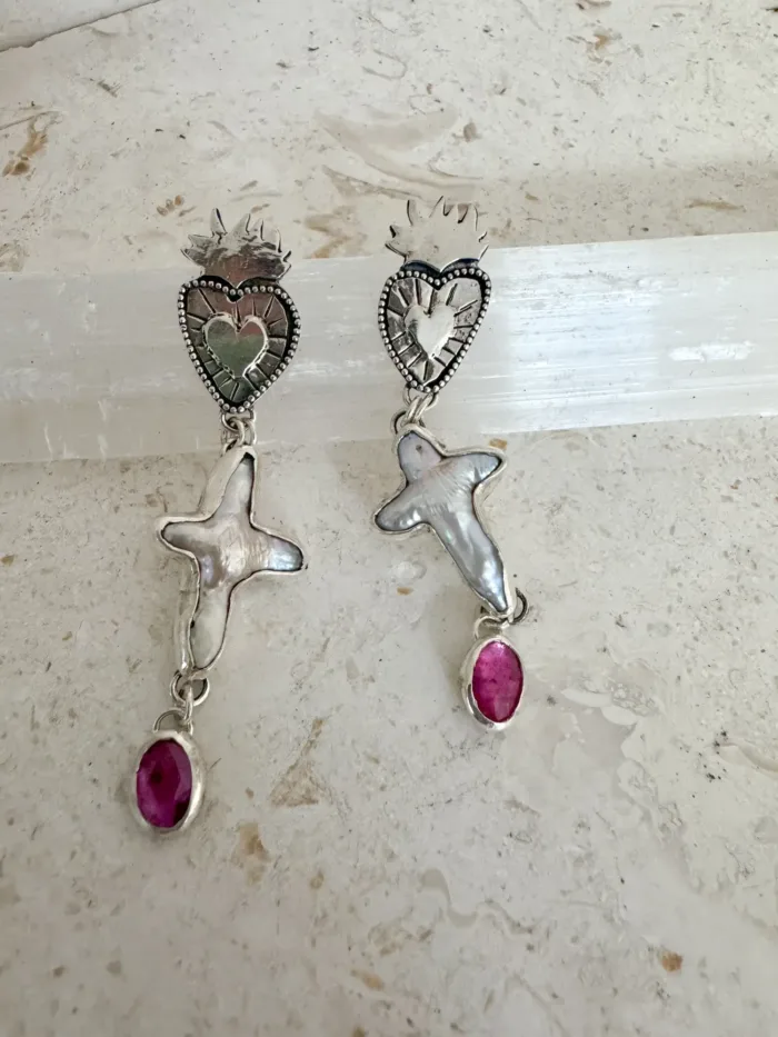 flaming hearts stud earrings - handmade sterling silver heart studs with freshwater pearl cross and pink tourmaline drop