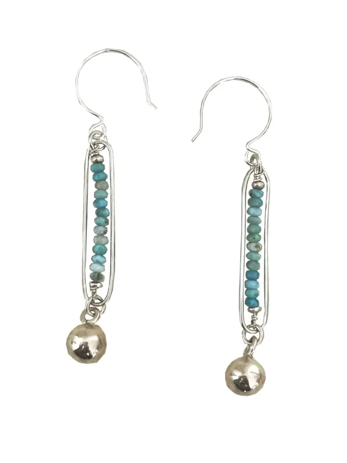 Handmade sterling silver earrings with ear hoop and Larimar drop tassel– an elevated earring to dress up an outfit