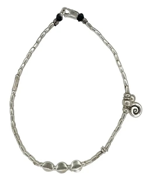 boho luxe pure silver anklet with silver spiral charm. Everyday staple jewellery - designed to wear everyday. Ocean safe