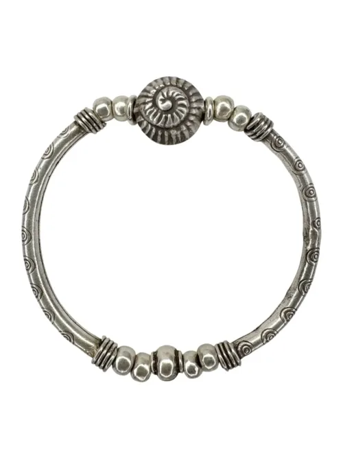 beach inspired pure silver curve bar stretch bracelet with silver spiral shell. perfect for everyday wear and bracelet stacking. ocean safe