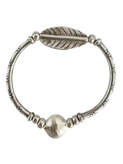 2 looks 1 bracelet. large silver leaf curve bar pure silver bracelet. Strong stretch to easily slip on. Ocean safe and looks great in a bracelet stack