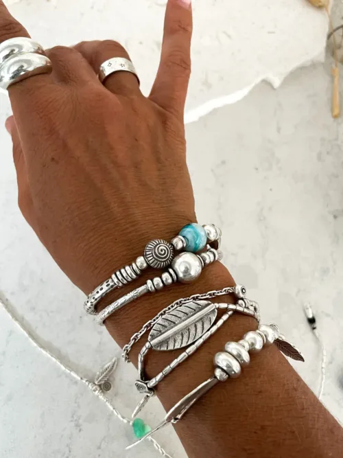 pure silver bracelet with large leaf centre. ocean safe silver jewelry