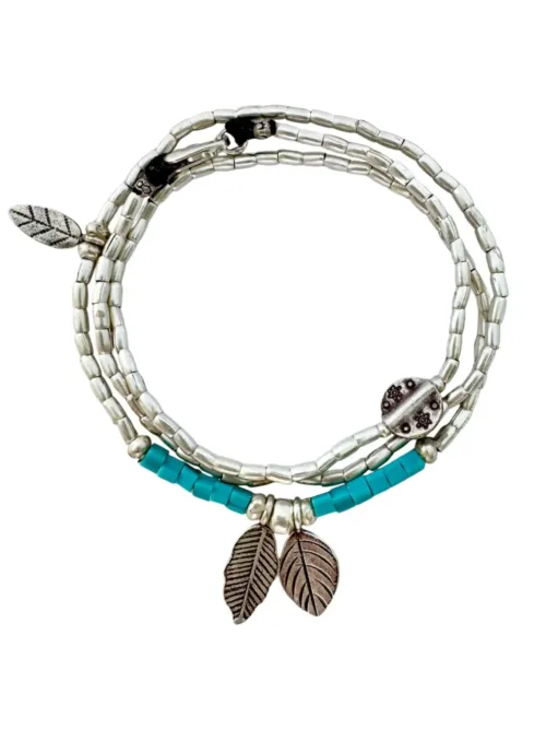 bohemian style silver jewellery. sterling silver wrap bracelet with 2 leaf charms - water safe for everyday wear. 3 styles in 1