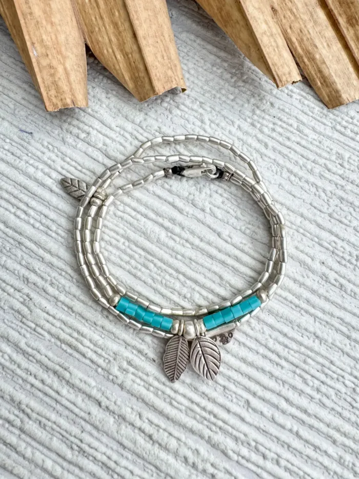 bohemian style silver jewellery. sterling silver wrap bracelet with 2 leaf charms - water safe for everyday wear. 3 styles in 1
