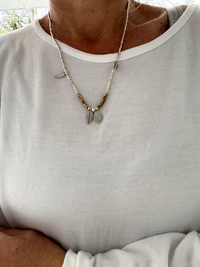 bohemian style silver jewellery. sterling silver necklace with 2 leaf charms and bronze seed beads - water safe for everyday wear. 3 styles in 1