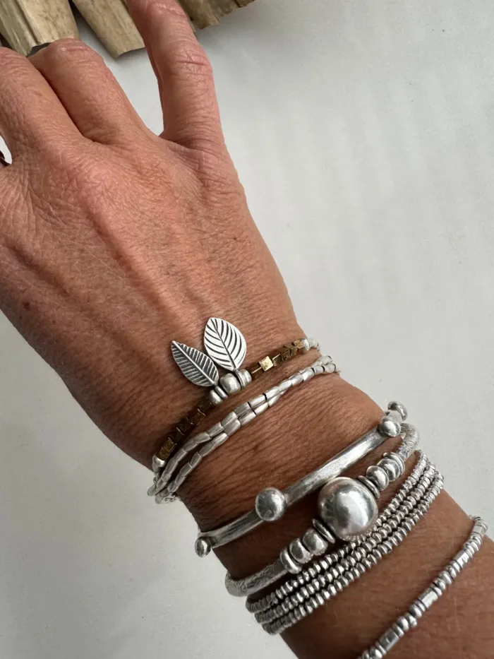 bohemian style silver jewellery. sterling silver wrap bracelet with 2 leaf charms and bronze seed beads - water safe for everyday wear. 3 styles in 1