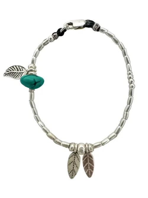 pure silver bracelet with 2 leaf pendants and single turquoise nugget gemstone