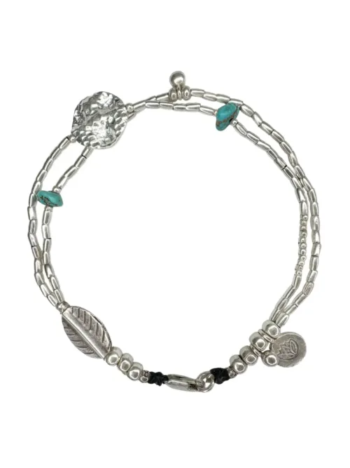 double strand pure silver anklet with silver leaf, lotus flower charm and turquoise gemstones. Bohemian style and designed to wear everyday. Ocean safe
