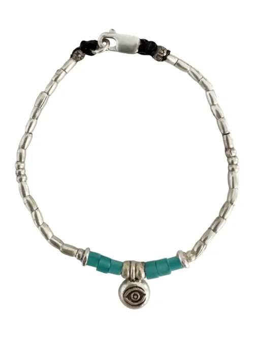 protection charm pure silver women's bracelet with blue seed bead. tug proof for active mums, ocean safe