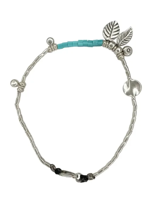 pure silver anklet with turquoise seed beads and lots of pure silver charms. Ocean safe. Silver jewellery for beach lovers.