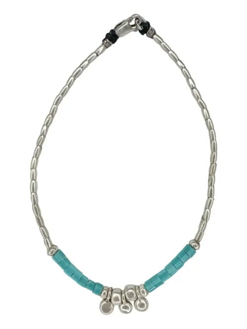 pure silver anklet with white or turquoise blue seed bead. Featuring 3 small pure silver blob charms. Ocean safe