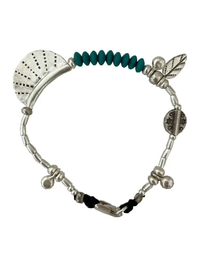 bohemian style silver jewellery. Pure silver bracelet with silver crescent disc and turquoise gemstone - for a beach vibes look- water safe for everyday wear. tug proof-perfect for mum life