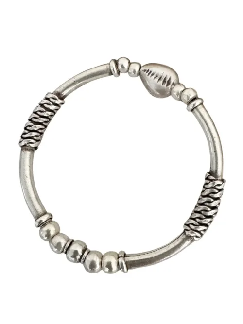 solid pure silver curve bar bracelet. Chunky style with curve bar and silver cowrie shell. Stretch bracelet for easy slip on. Ocean safe