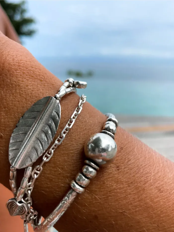 resort style sterling silver jewellery. pure silver bracelet with large leaf centre. ocean safe silver jewelry