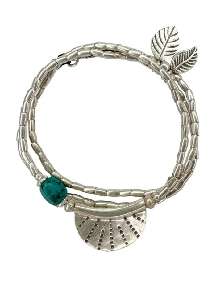 bohemian style silver jewellery. Pure silver wrap bracelet with silver crescent disc and turquoise gemstone - for a beach vibes look- water safe for everyday wear. 3 styles in 1