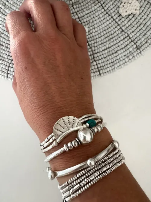 bohemian style silver jewellery. Pure silver wrap bracelet with silver crescent disc and turquoise gemstone - for a beach vibes look- water safe for everyday wear. 3 styles in 1