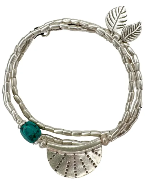 bohemian style silver jewellery. Pure silver wrap bracelet with silver crescent disc and turquoise gemstone - for a beach vibes look- water safe for everyday wear. 3 styles in 1