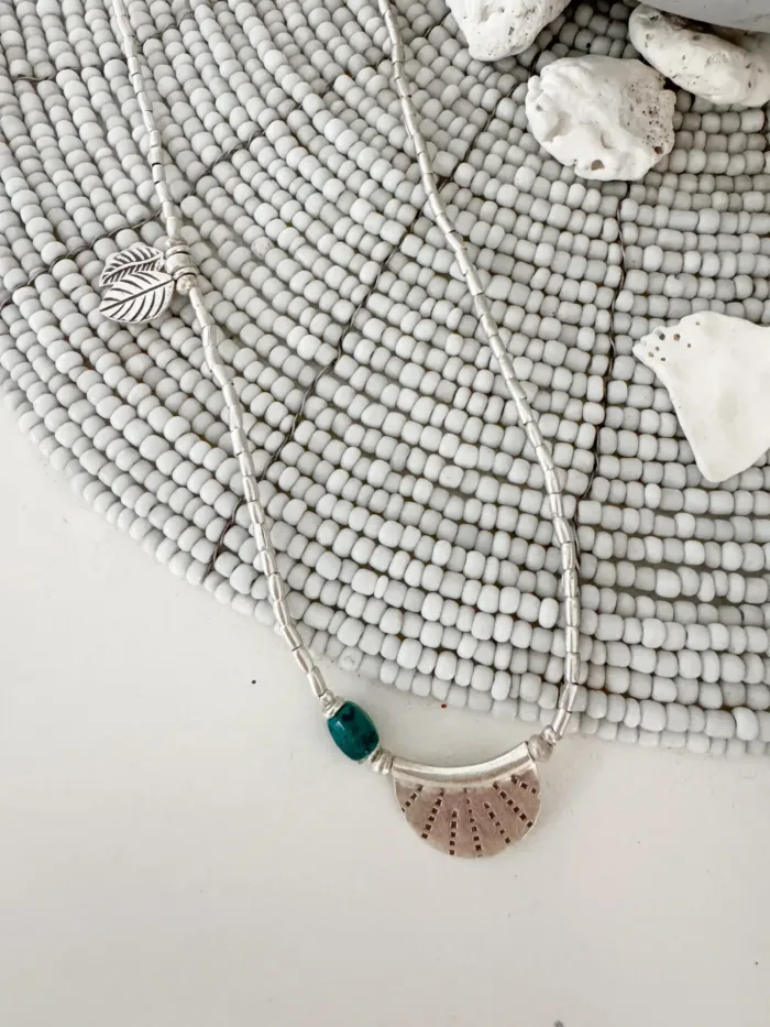bohemian style silver jewellery. Pure silver wrap bracelet with silver crescent disc and turquoise gemstone - for a beach vibes look- water safe for everyday wear. 3 styles in 1
