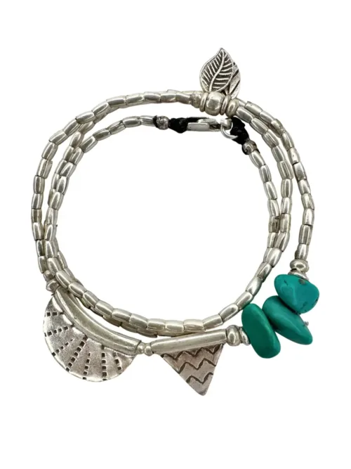bohemian style silver jewellery. Pure silver wrap bracelet with silver crescent disc and turquoise gemstone - for a beach vibes look- water safe for everyday wear. 3 styles in 1