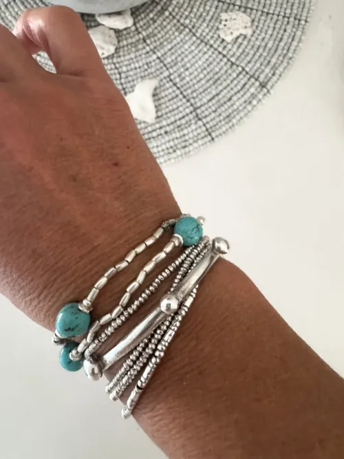 ocean inspired pure silver stretch bracelet with turquoise hoplite gemstone -double strand perfect for a bracelet stack - ocean safe