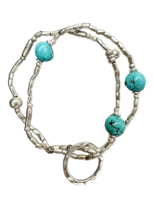 ocean inspired pure silver stretch bracelet with turquoise hoplite gemstone -double strand perfect for a bracelet stack - ocean safe