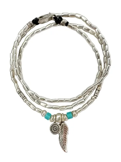 bohemian style silver jewellery. Pure silver wrap bracelet with silver feather and turquoise seed bead - for a beach vibes look- water safe for everyday wear. 3 styles in 1.