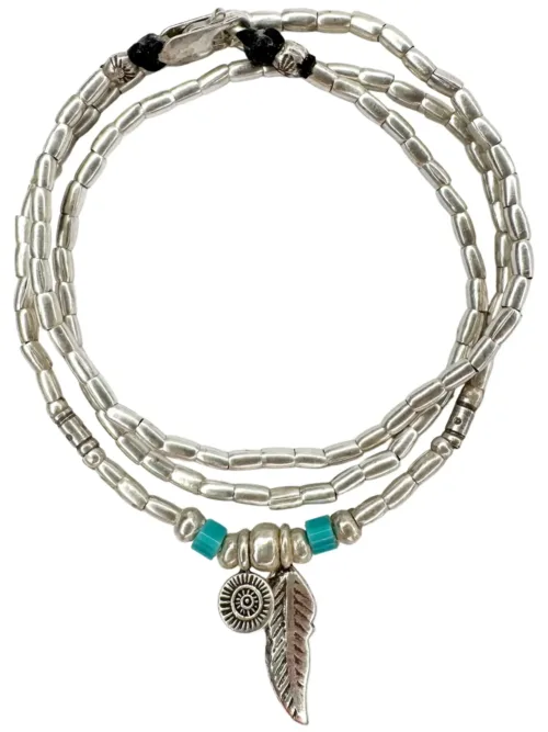 bohemian style silver jewellery. Pure silver wrap bracelet with silver feather and turquoise seed bead - for a beach vibes look- water safe for everyday wear. 3 styles in 1