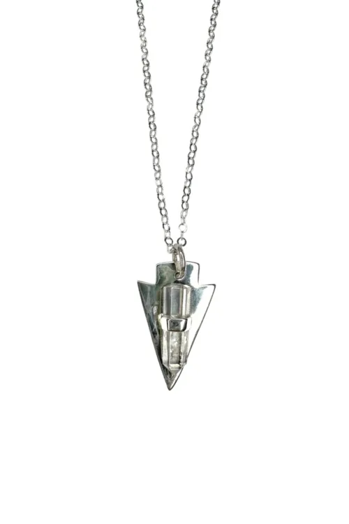 arrowhead silver pendant with crystal quartz wand on sterling silver chain necklace ocean safe