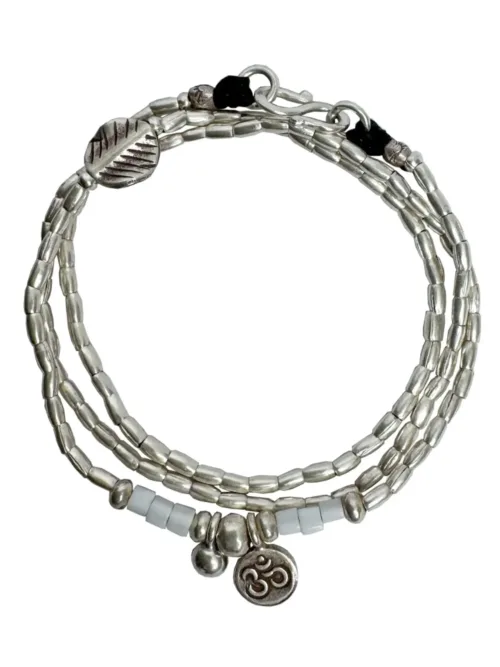 bohemian style silver jewellery - pure silver triple wrap bracelet. wear it 3 ways. bracelet, anklet or necklace- features silver om pendant - water safe
