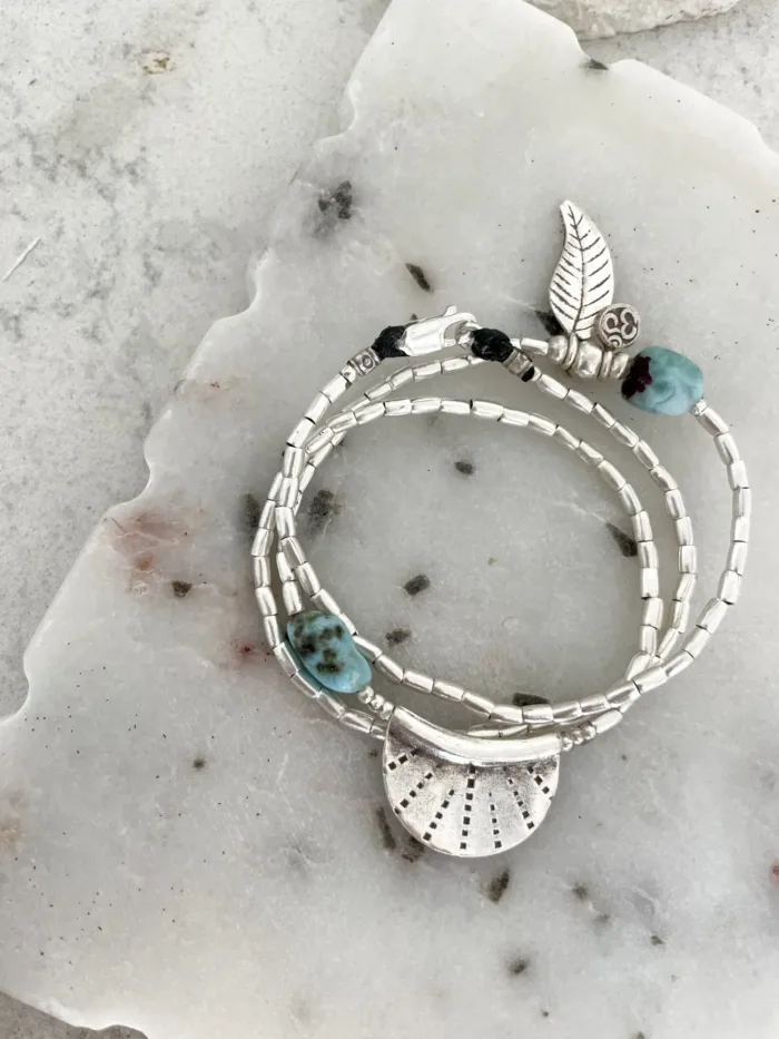ocean inspired silver jewellery. Pure silver wrap bracelet with silver crescent disc and larimar gemstone - for a beach vibes look- water safe for everyday wear. 3 styles in 1