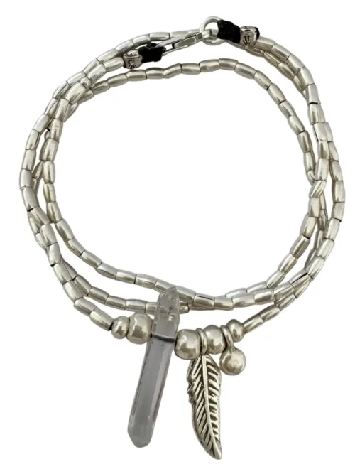 bohemian style silver jewellery. sterling silver wrap bracelet with crystal quartz and feather charm - water safe for everyday wear. 3 styles in 1