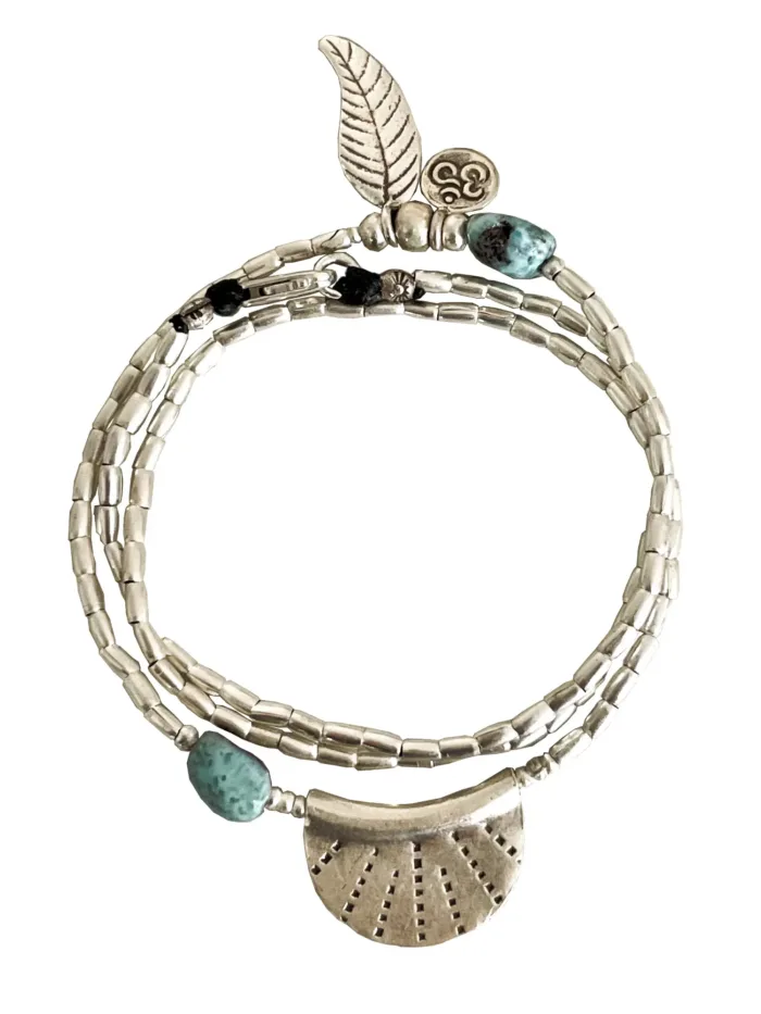 ocean inspired silver jewellery. Pure silver wrap bracelet with silver crescent disc and larimar gemstone - for a beach vibes look- water safe for everyday wear. 3 styles in 1