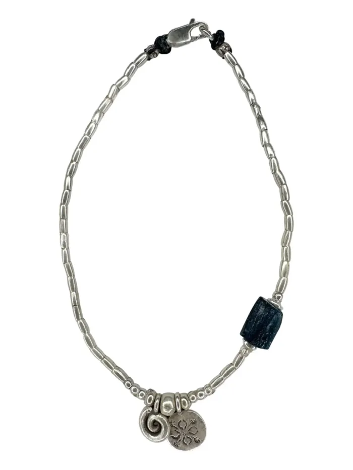 boho luxe pure silver anklet with blue ancient glass bead and silver charms. Everyday staple jewellery - designed to wear everyday. Ocean safe
