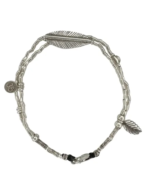 double strand pure silver anklet with large silver leaf and om charm. Ocean safe