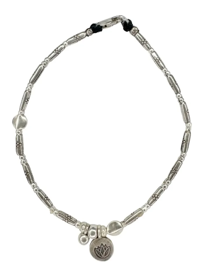 boho luxe pure silver anklet with silver lotus flower charm. Everyday staple jewellery - designed to wear everyday. Ocean safe