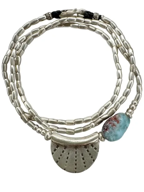 boho style handmade silver jewellery. Pure silver silver wrap bracelet with silver crescent disc and Larimar gemstone - for a boho/beach vibes look- water safe for everyday wear. 3 styles in 1