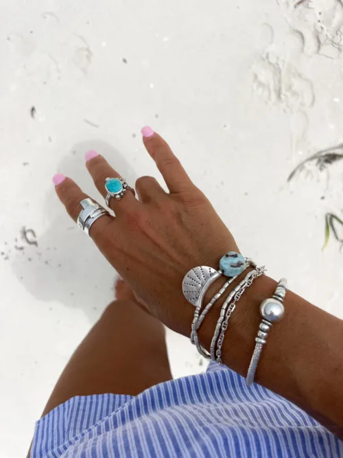 boho style handmade silver jewellery. Pure silver silver wrap bracelet with silver crescent disc and Larimar gemstone - for a boho/beach vibes look- water safe for everyday wear. 3 styles in 1