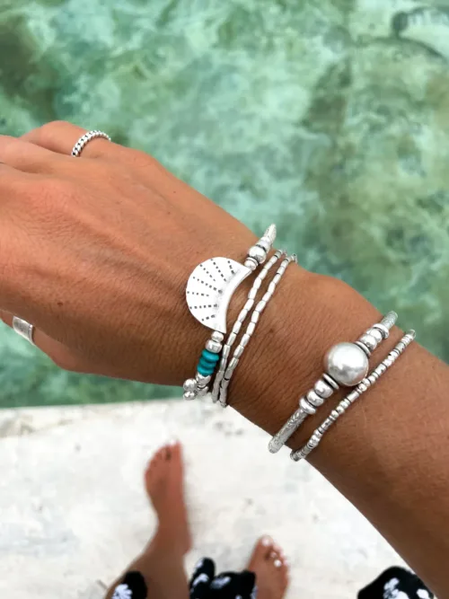 bohemian style silver jewellery. Pure silver wrap bracelet with silver crescent disc and turquoise gemstone - for a beach vibes look- water safe for everyday wear. 3 styles in 1